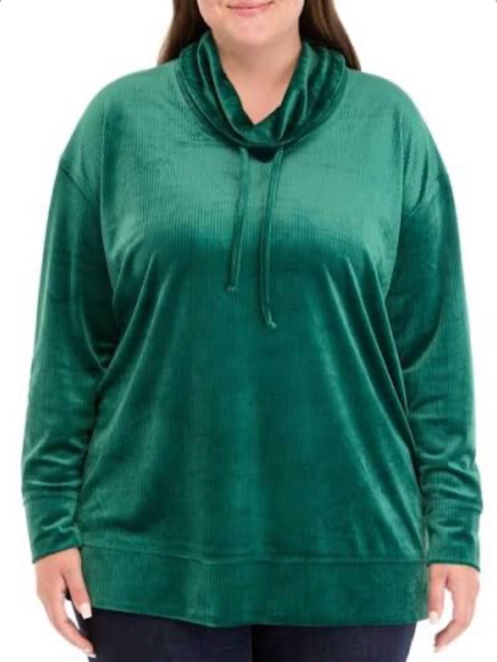 NWT Kim Rogers Green Velour Ribbed Cowl Neck Long Sleeve Pullover Top Size XL